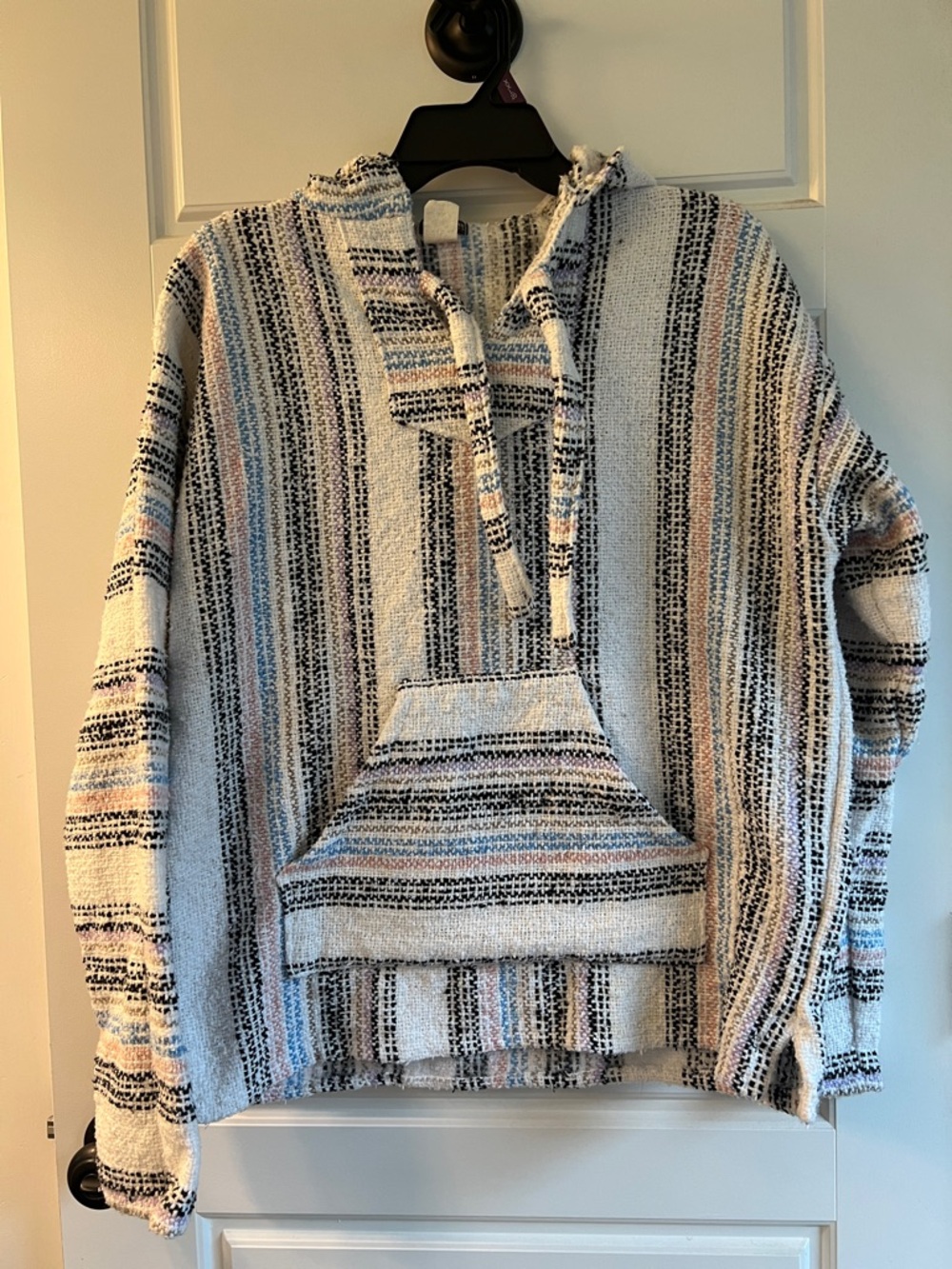 Striped Baja Hoodie Sweater in Cream and Blue size M